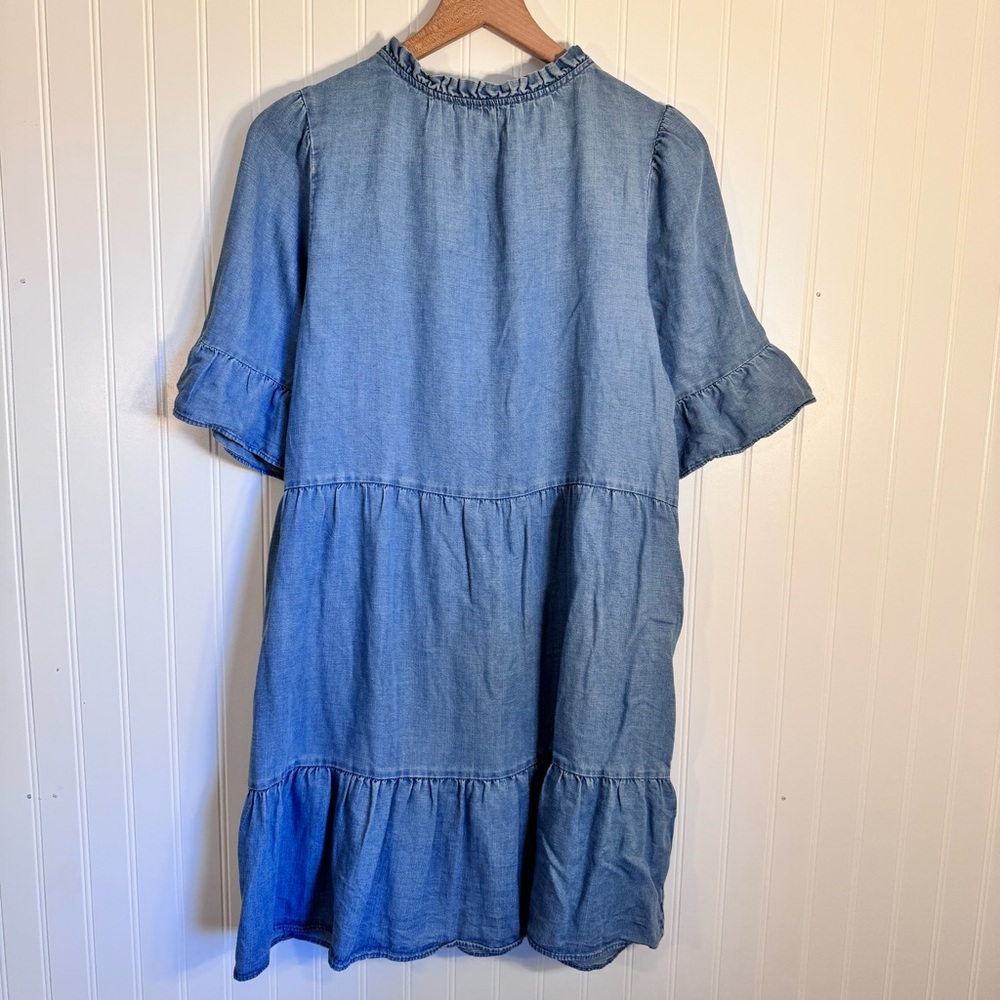LOFT Linen Blend Blue Denim Tiered Short Sleeve Dress Size Large - Picture 4 of 9